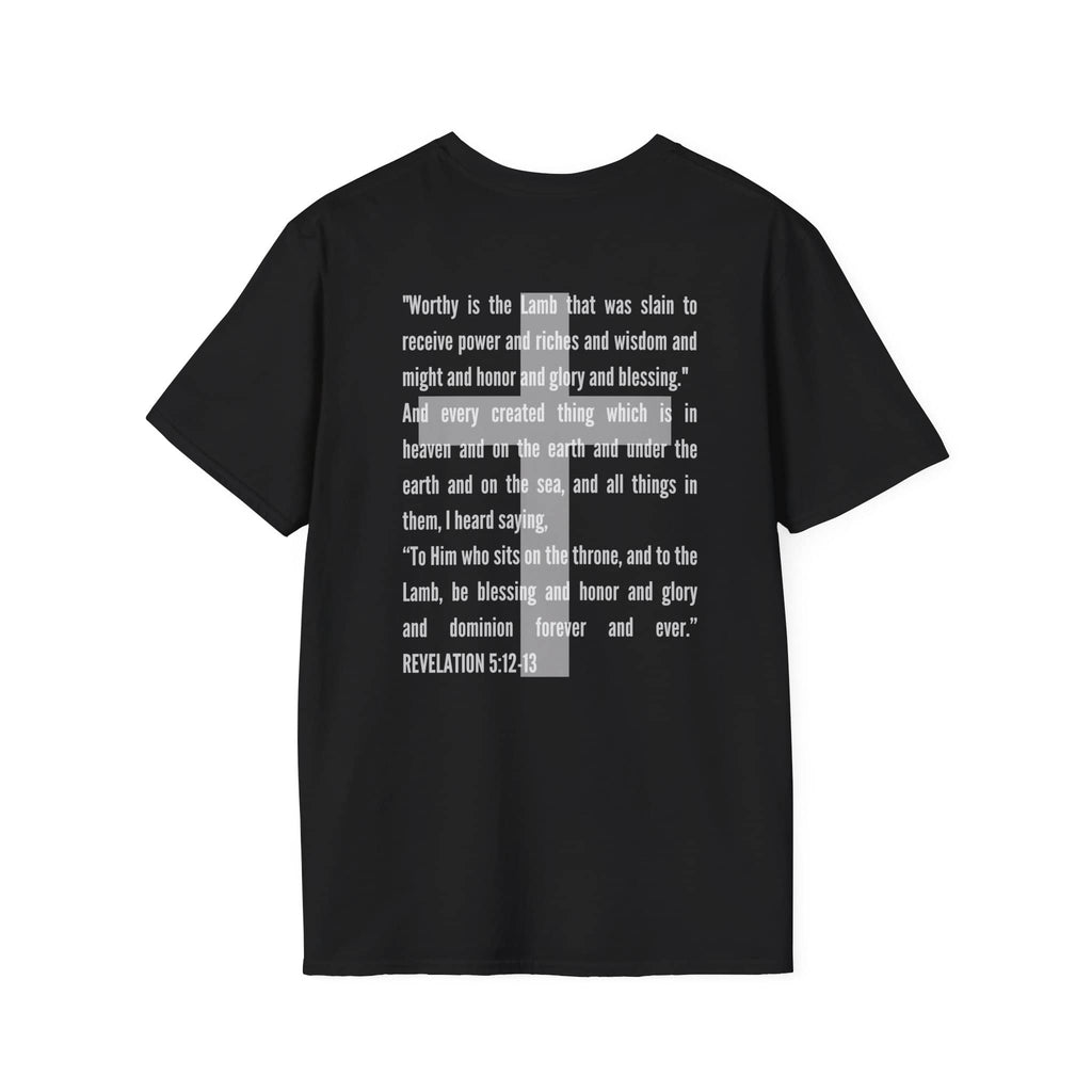 Lamb Of God Christian Scripture T-Shirt featuring inspiring text from Revelation on the back