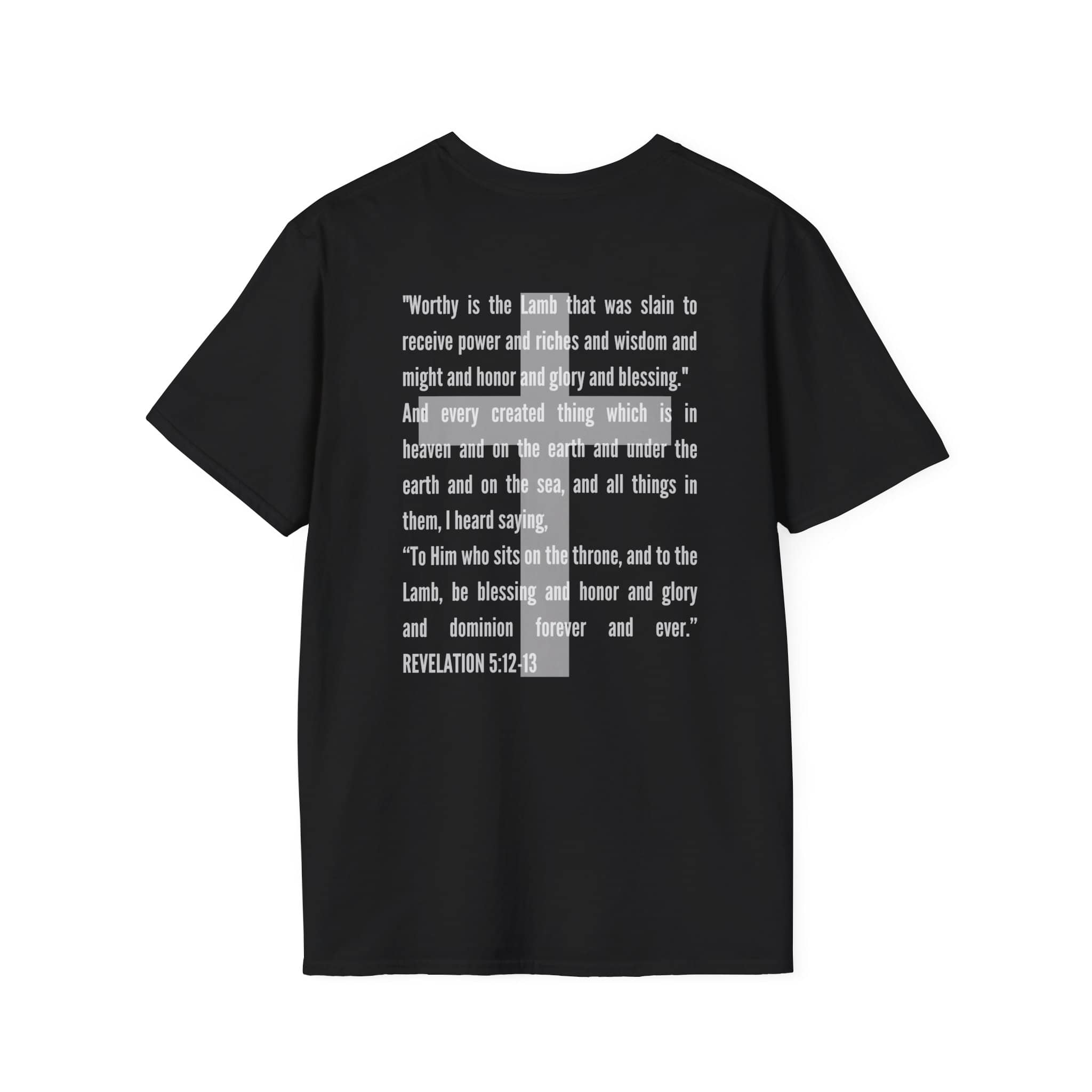 Lamb Of God Christian Scripture T-Shirt featuring inspiring text from Revelation on the back