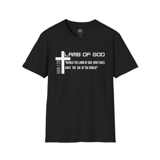 Black Lamb Of God Christian Scripture T-Shirt with white cross and Bible verse John 1:29 print