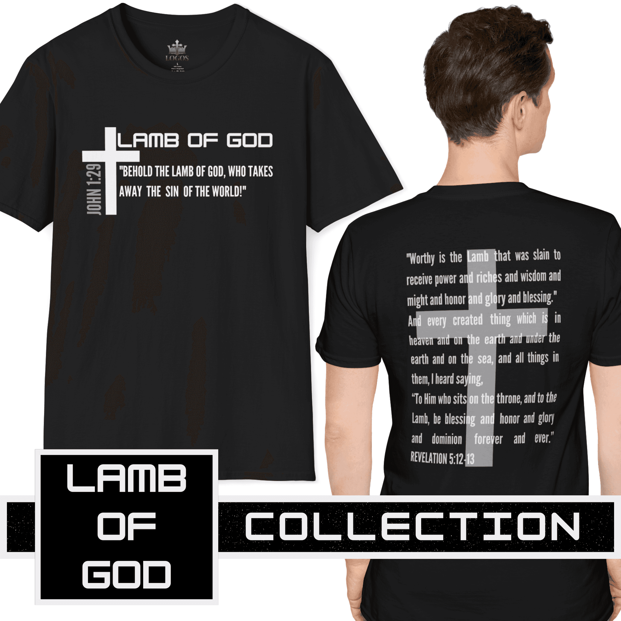 Lamb Of God Christian Scripture T-Shirt featuring inspirational Bible verses on a black background