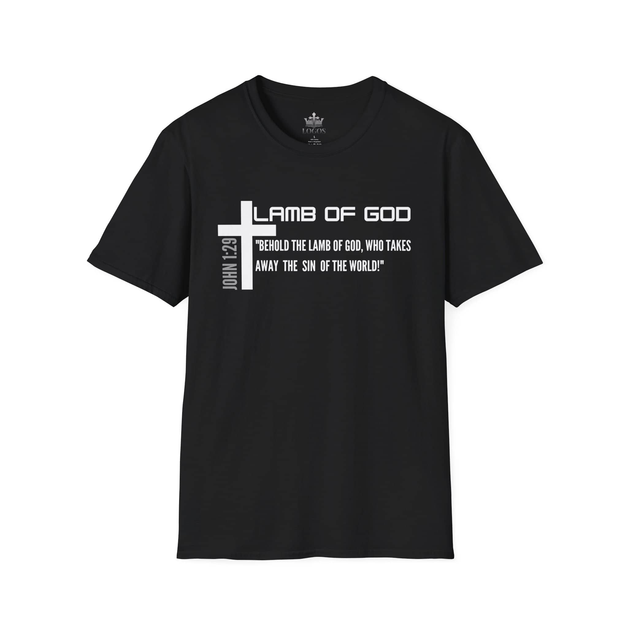Lamb Of God Christian Scripture T-Shirt featuring John 1:29 in bold white text on black fabric