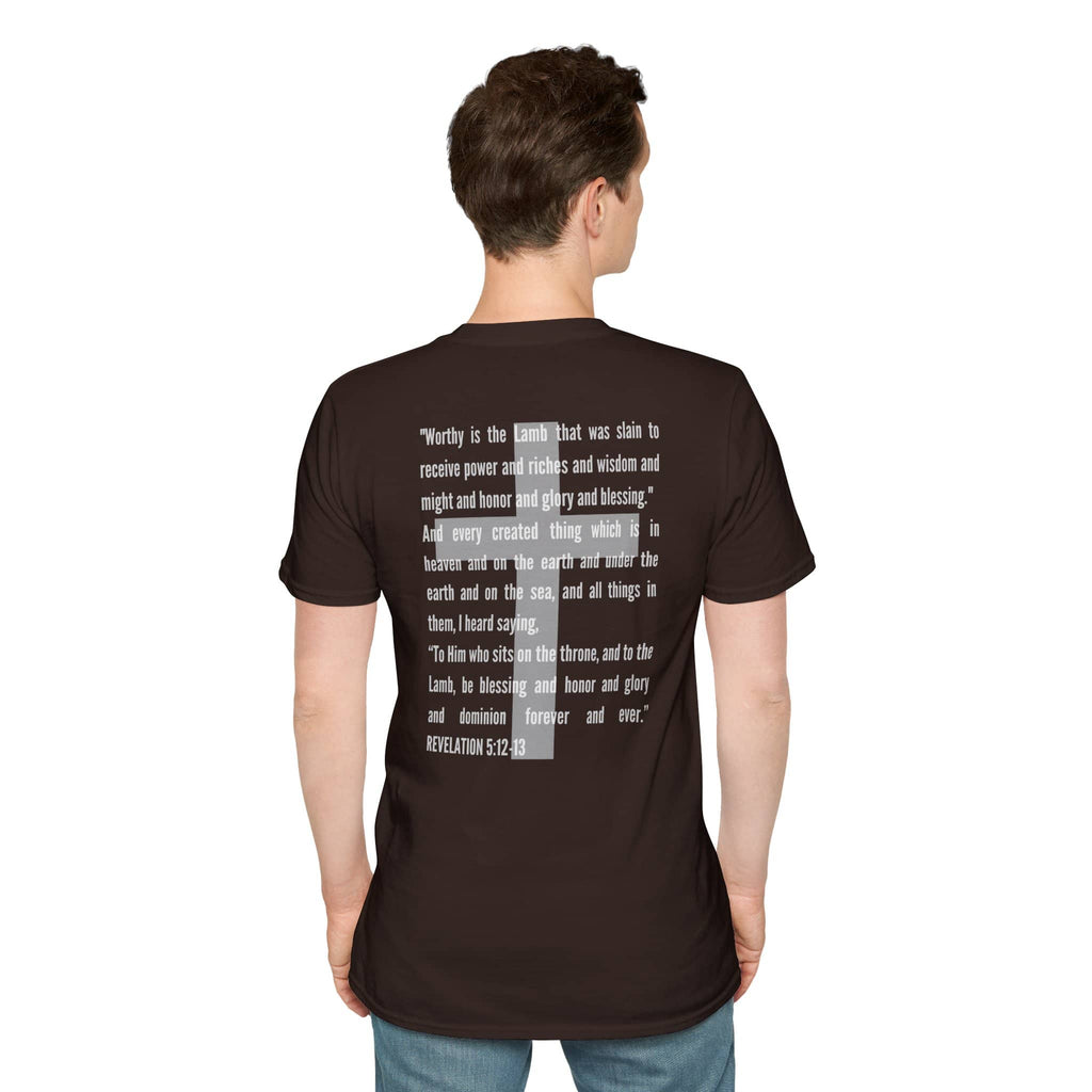 Lamb Of God Christian Scripture T-Shirt in brown featuring Revelation 5:12 text design