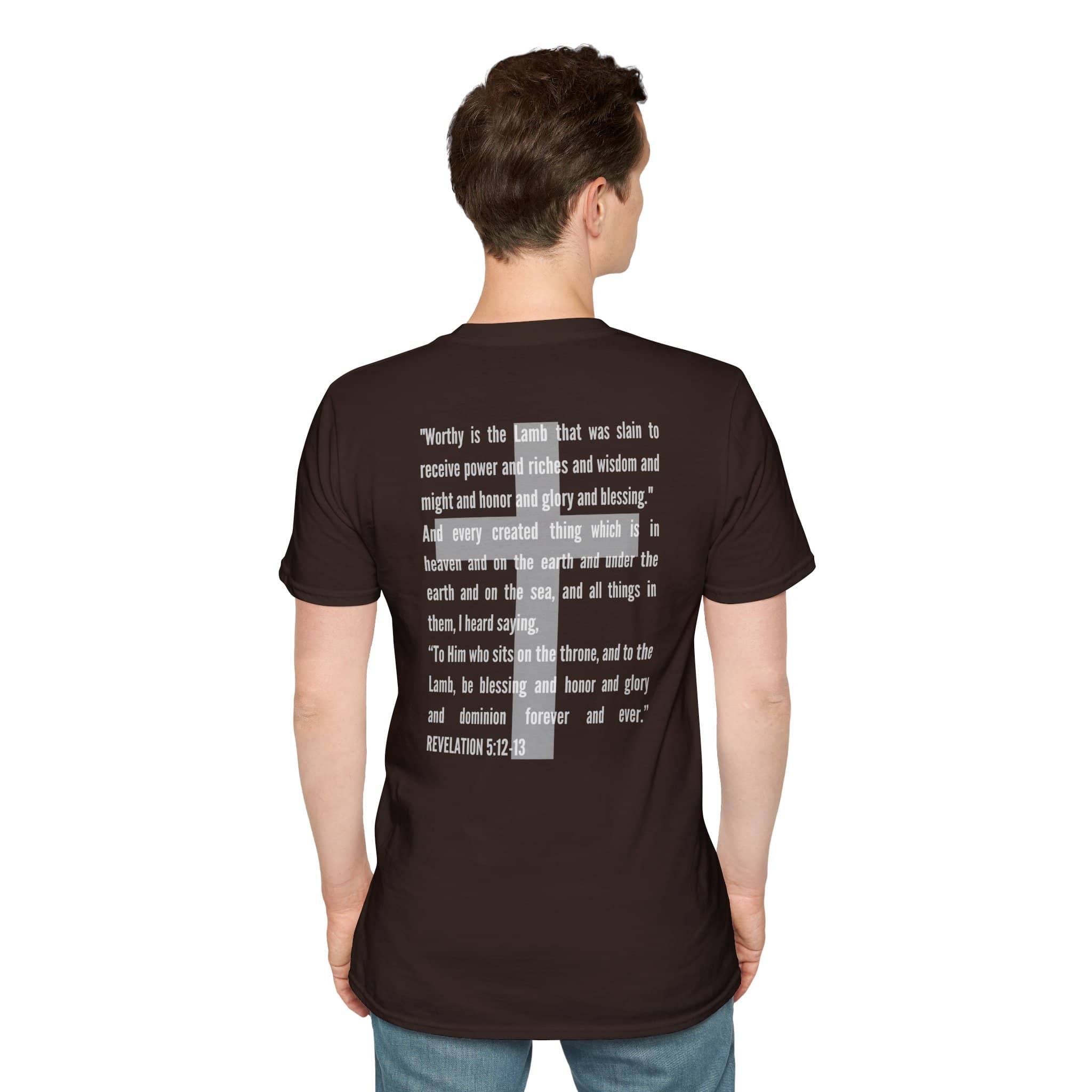 Lamb Of God Christian Scripture T-Shirt in brown featuring Revelation 5:12 text design