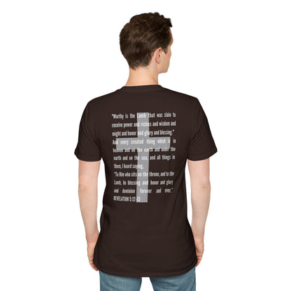 Back view of a man wearing a Lamb Of God Christian Scripture T-Shirt with Bible verse print from Logos