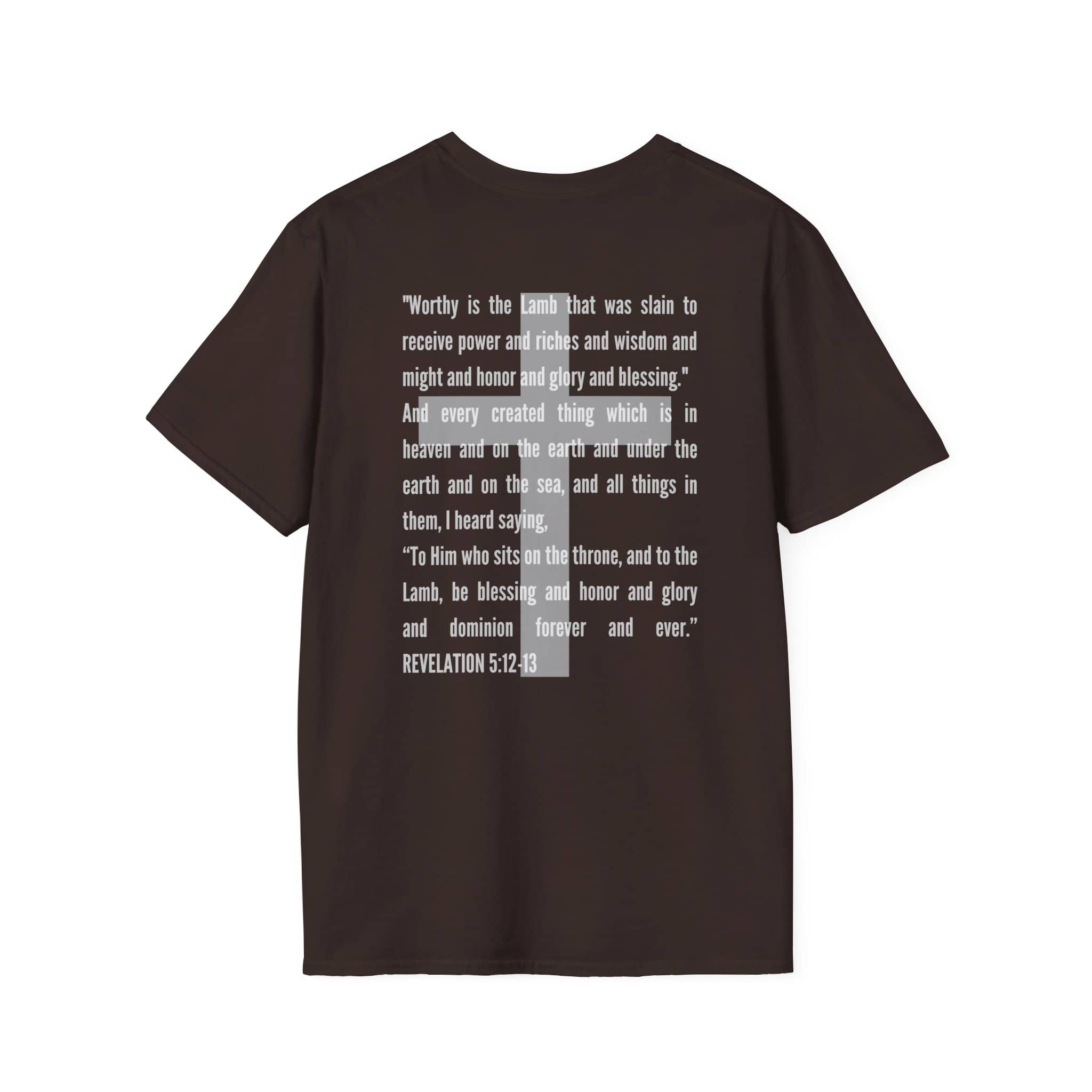 Lamb Of God Christian Scripture T-Shirt in dark brown featuring Revelation 12:12 text on the back
