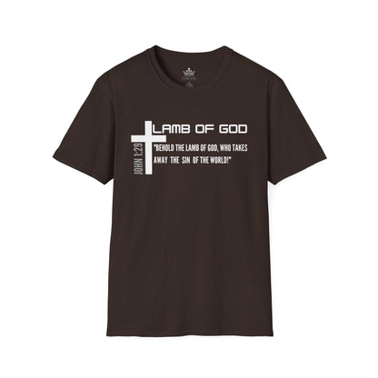 Black Lamb Of God Christian Scripture T-Shirt with white cross and John 1:29 Bible verse print