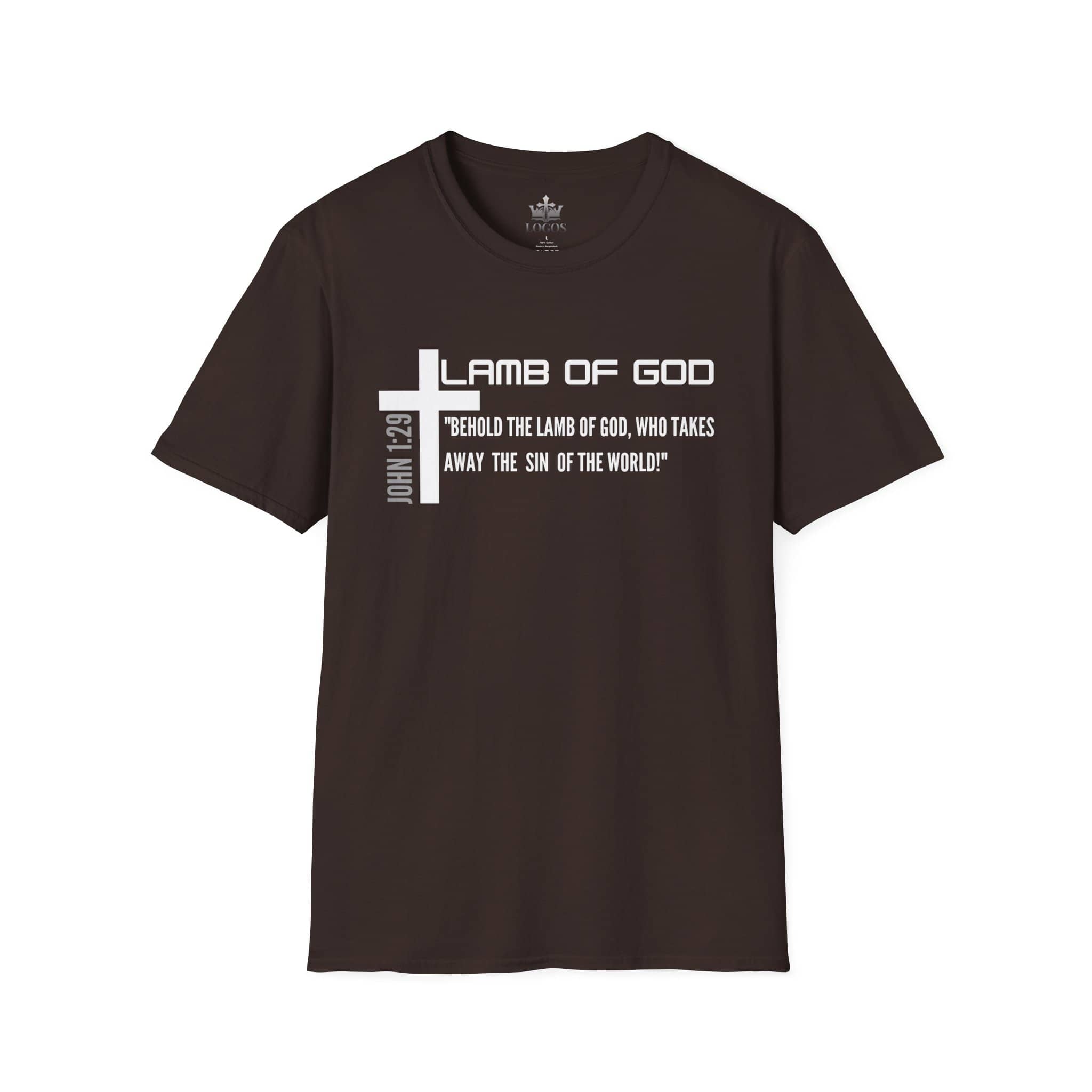 Lamb Of God Christian Scripture T-Shirt featuring a cross and John 1:29 text on a dark background