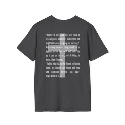 Logos Lamb Of God Christian Scripture T-Shirt with Bible verse Revelation 5:12-13 in white text on back
