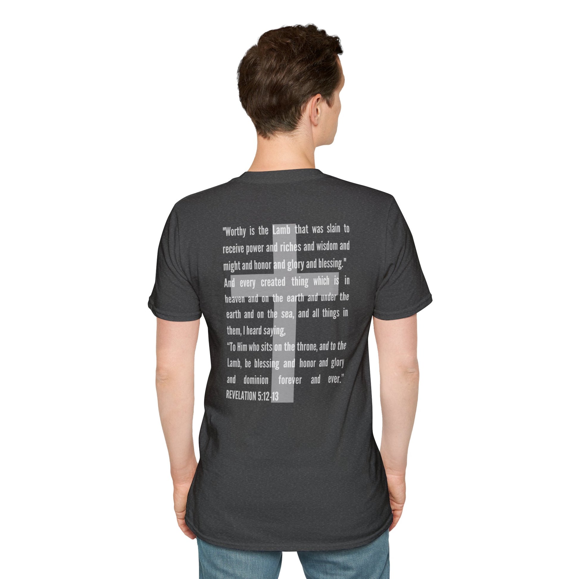 Logos Lamb Of God Christian Scripture T-Shirt displaying biblical text on the back in white print