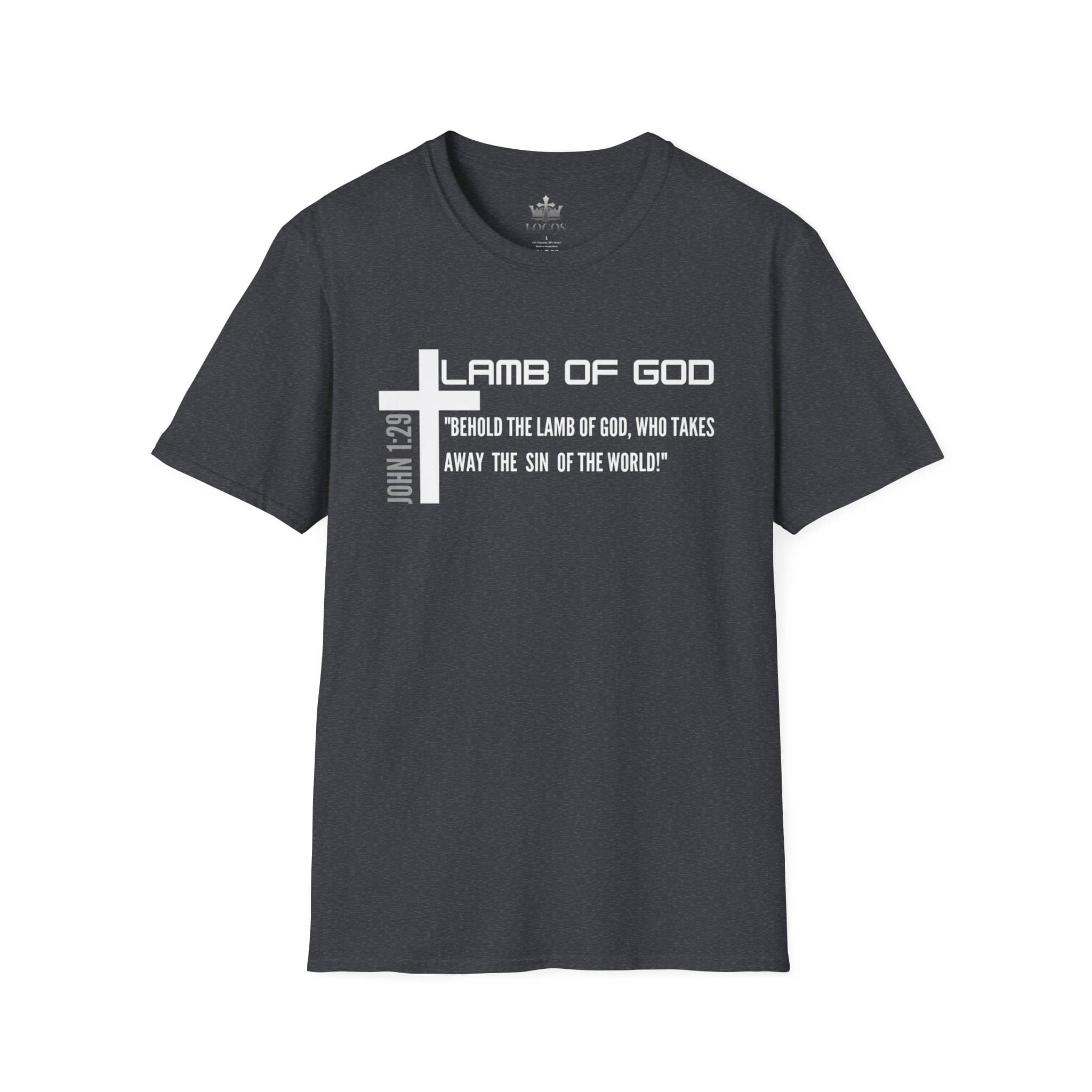 Lamb Of God Christian Scripture T-Shirt with a Cross and Biblical Quote from John 1:29