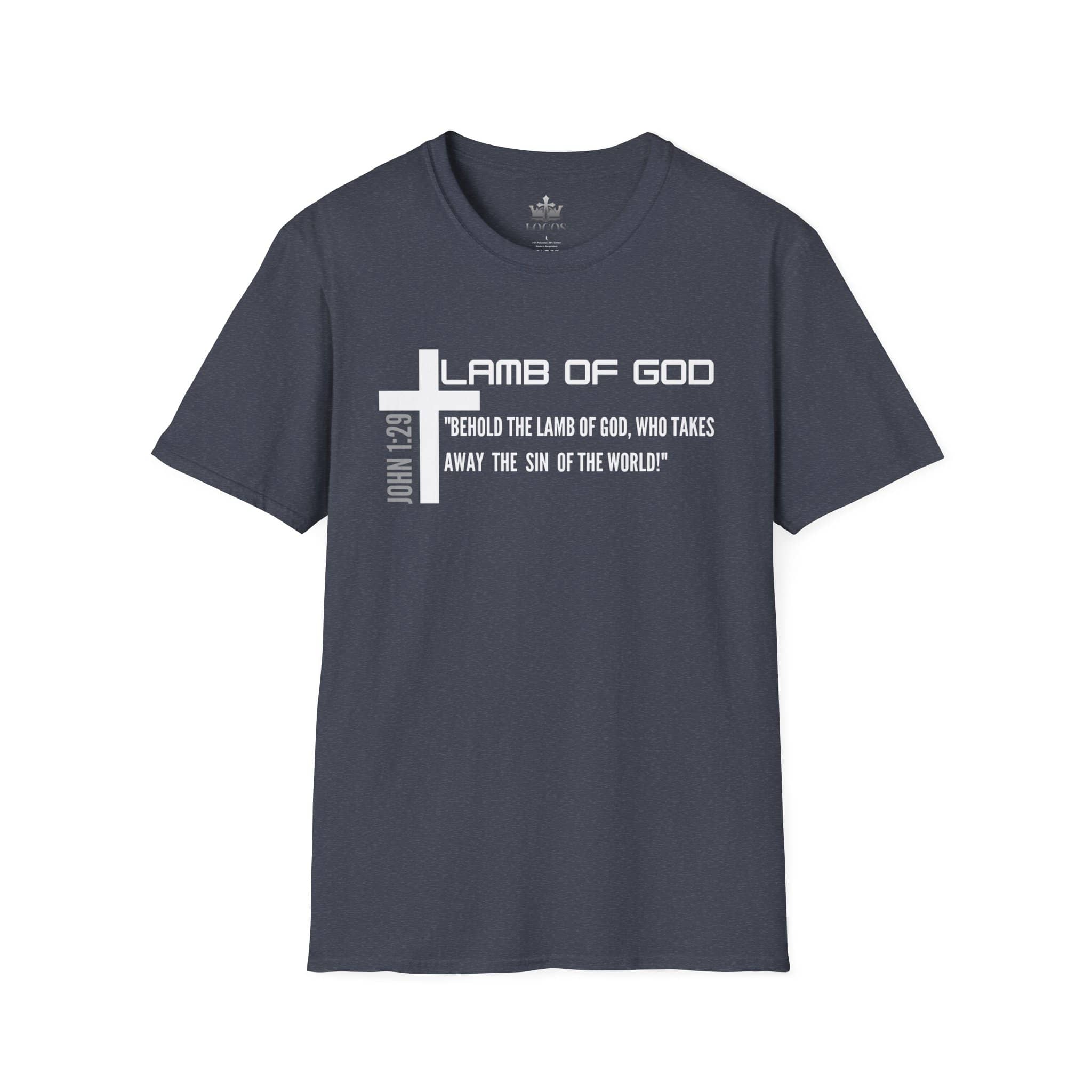Lamb Of God Christian Scripture T-Shirt with bold text and cross design in dark gray color