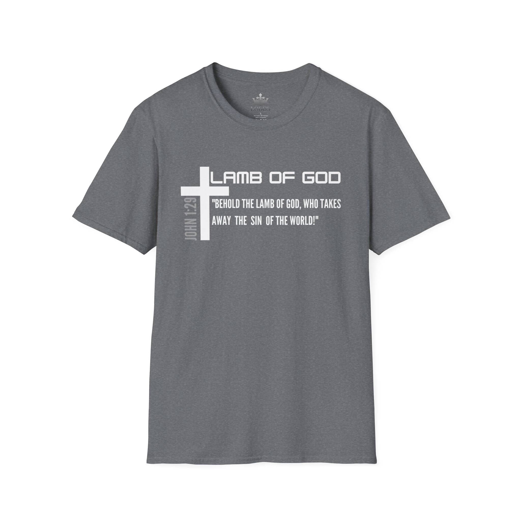 Lamb Of God Christian Scripture T-Shirt in gray featuring John 1:29 text and cross design
