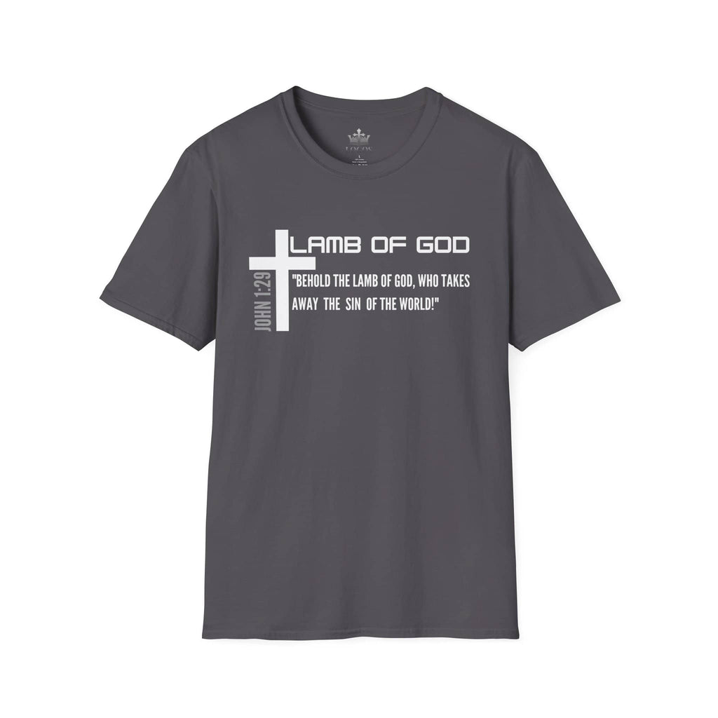 Lamb Of God Christian Scripture T-Shirt with a cross and John 1:29 quote on a gray background