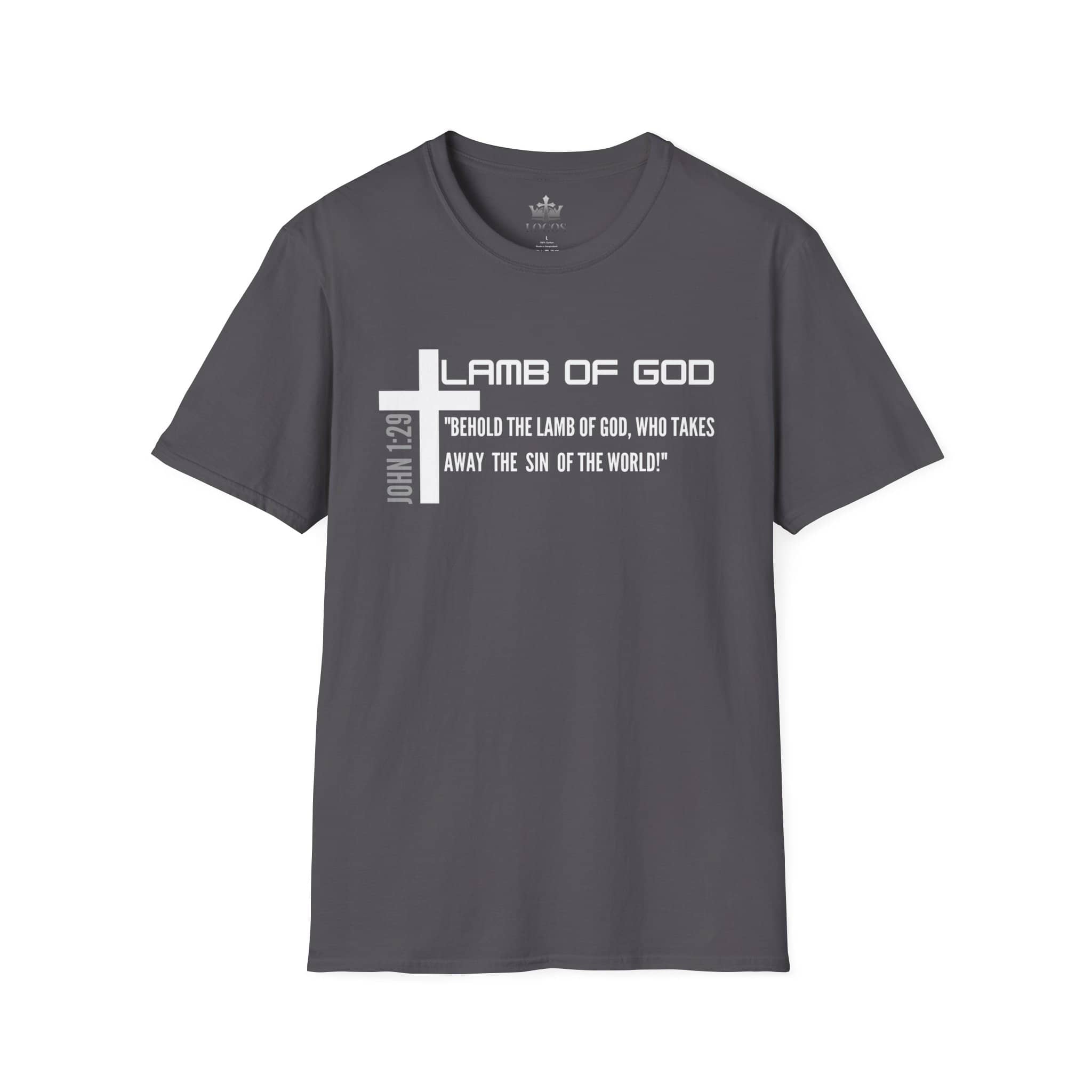Lamb Of God Christian Scripture T-Shirt with a cross and John 1:29 quote on a gray background