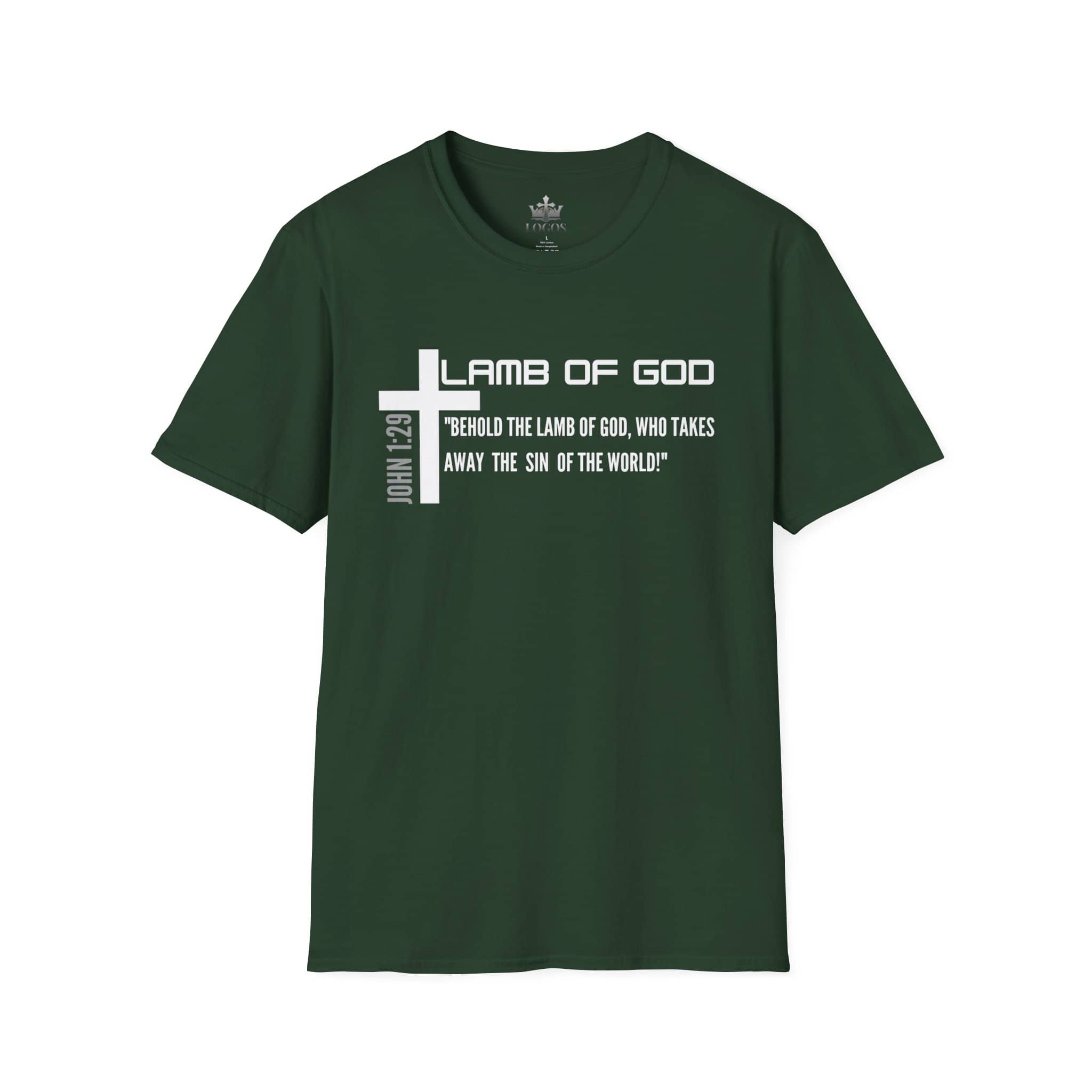 Lamb Of God Christian Scripture T-Shirt in dark green with a cross and scripture text design