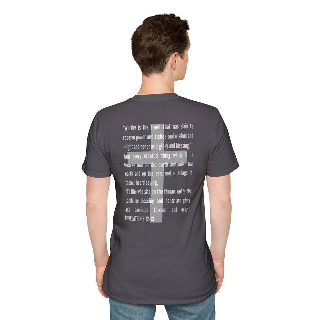 Lamb Of God Christian Scripture T-Shirt featuring Revelation 5:12 printed on the back
