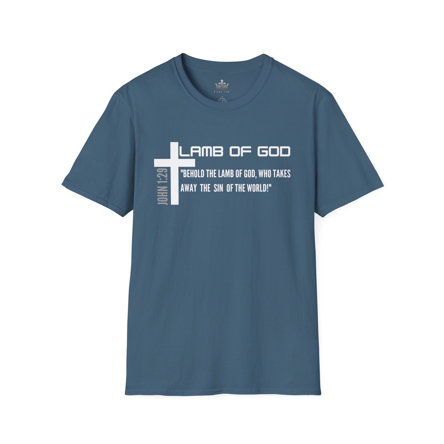 Logos Co. Lamb Of God Christian Scripture T-Shirt in Indigo blue with John 1:29 Bible verse and cross design