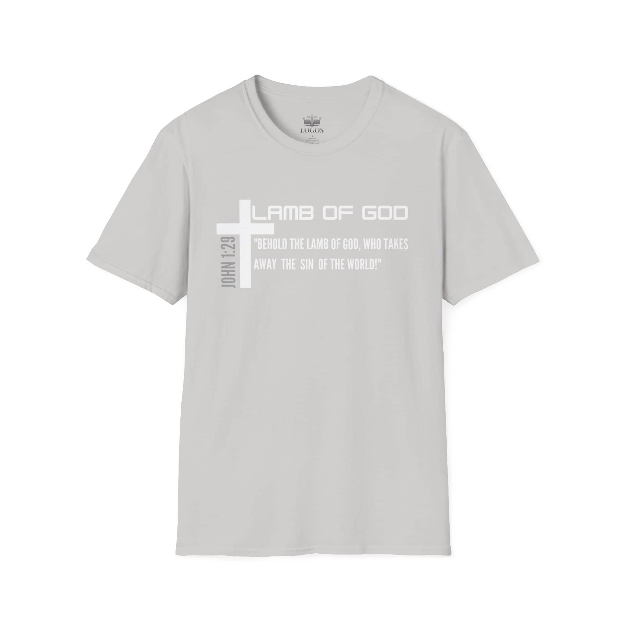 Lamb Of God Christian Scripture T-Shirt in Light Gray with Bible Verse Design
