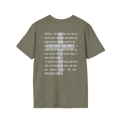 Logos Lamb Of God Christian Scripture T-Shirt with Bible verse Revelation 5:12-13 in white text on olive green