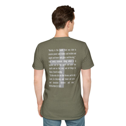 Logos Lamb Of God Christian Scripture T-Shirt in olive green with biblical text from Revelation 5:12-13 printed on the back