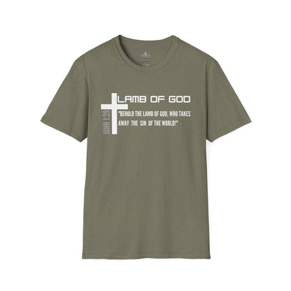 Logos Lamb Of God Christian Scripture T-Shirt in heather miitary green with white cross and Bible verse design
