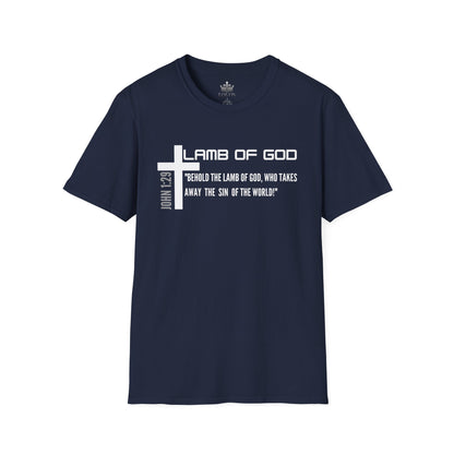 Navy blue Lamb Of God Christian Scripture T-Shirt with white cross and Bible verse John 1:29 text