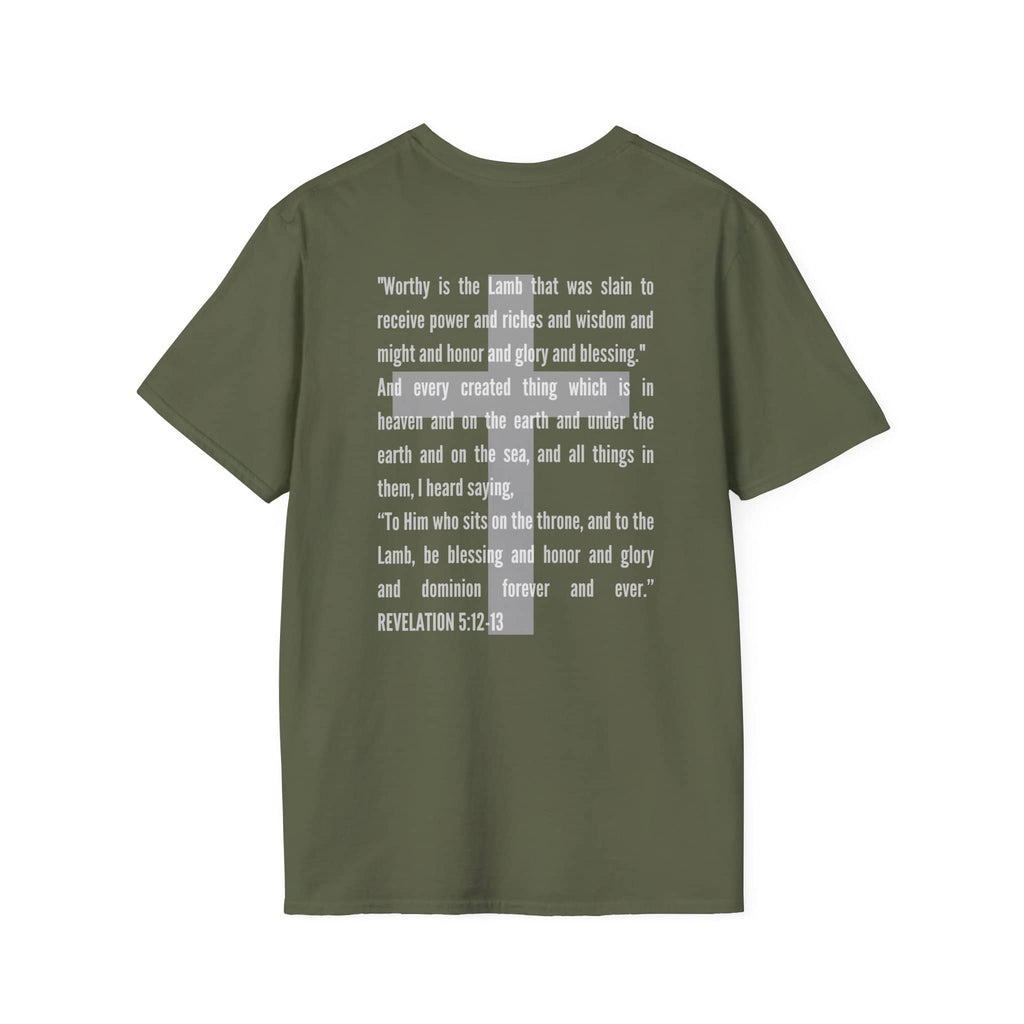 Olive Green Lamb Of God Christian Scripture T-Shirt featuring Revelation 12:12 text design