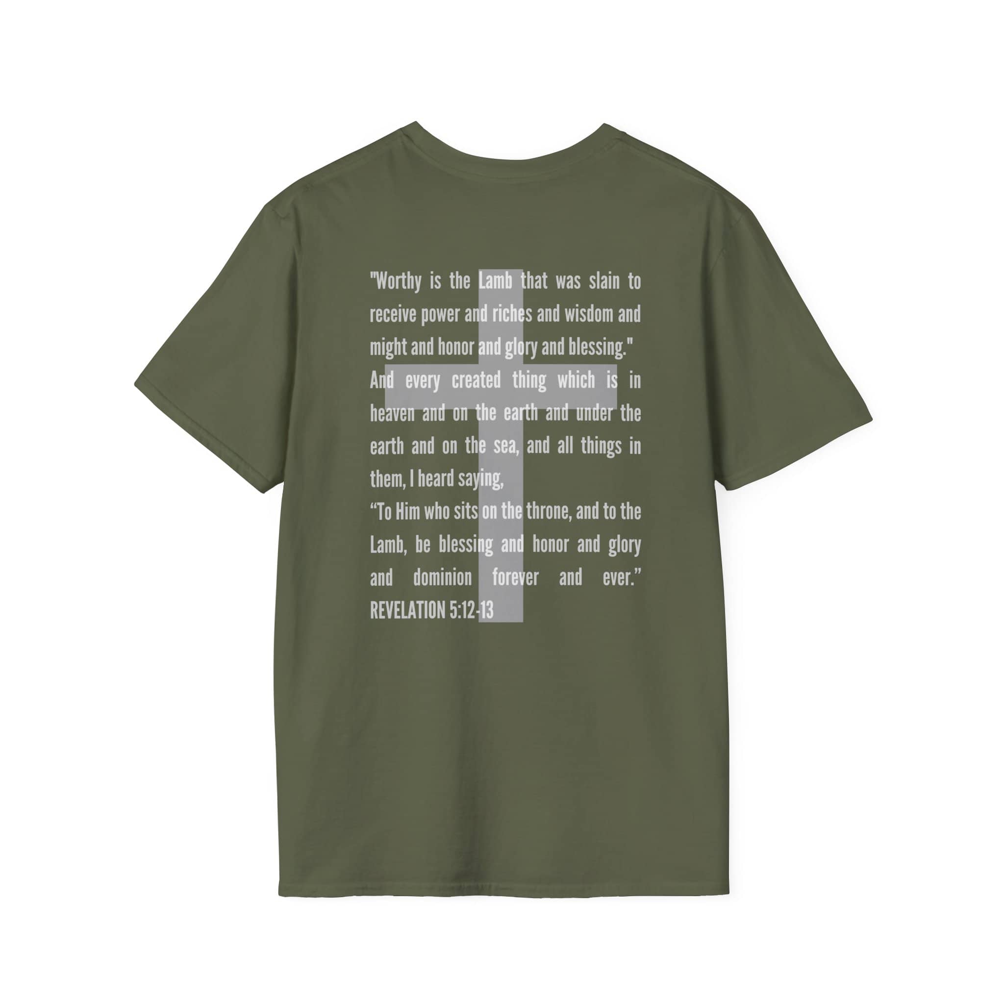 Olive Green Lamb Of God Christian Scripture T-Shirt featuring Revelation 12:12 text design