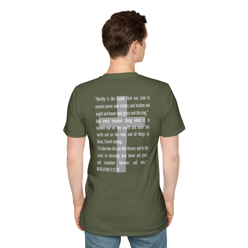 Back of Lamb Of God Christian Scripture T-Shirt in olive green featuring a bible verse design.