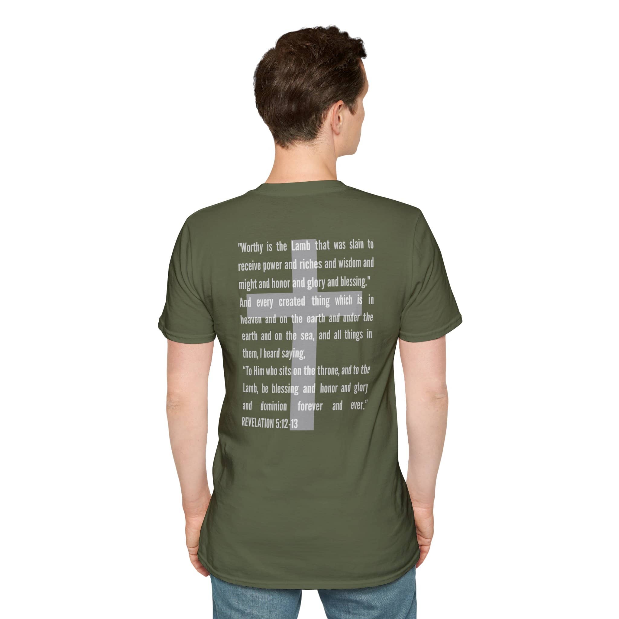 Back of Lamb Of God Christian Scripture T-Shirt in olive green featuring a bible verse design.