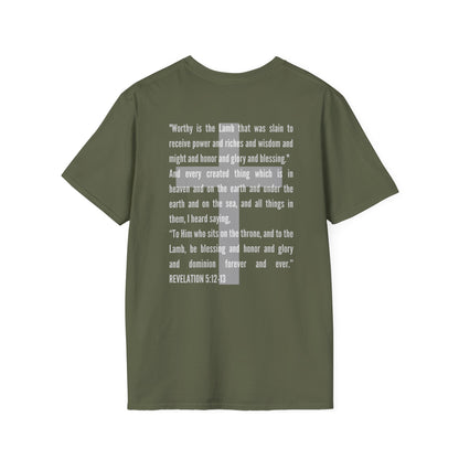 Lamb Of God Christian Scripture T-Shirt in olive green with white Bible verse from Revelation 5:12-13 on back