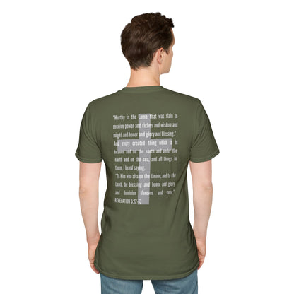 Back view of a man wearing an olive green Lamb Of God Christian Scripture T-Shirt with a printed Bible verse from Revelation