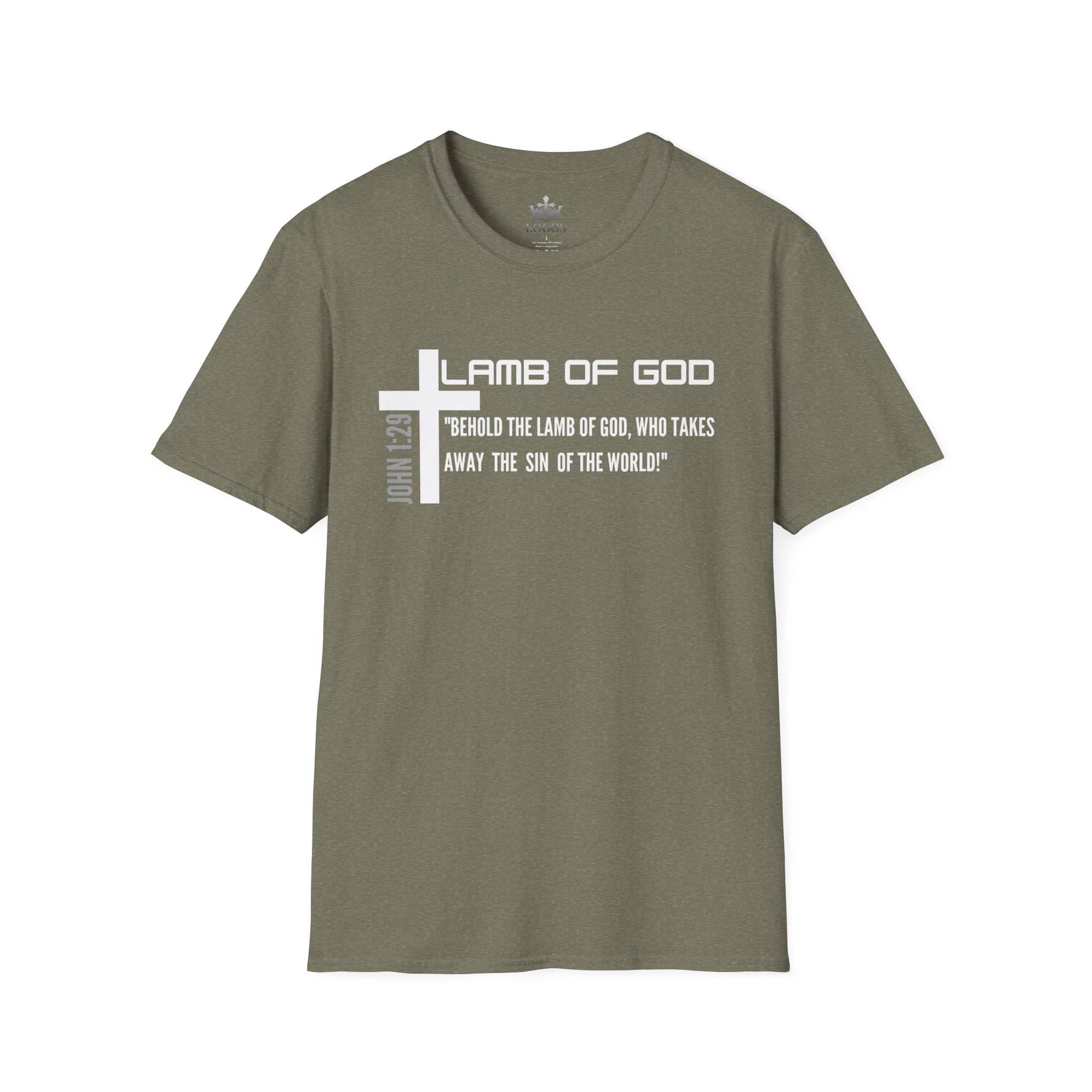 Lamb Of God Christian Scripture T-Shirt with cross graphic and John 1:29 quote