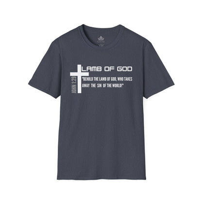 Logos Lamb Of God Christian Scripture T-Shirt in dark gray with John 1:29 Bible verse design