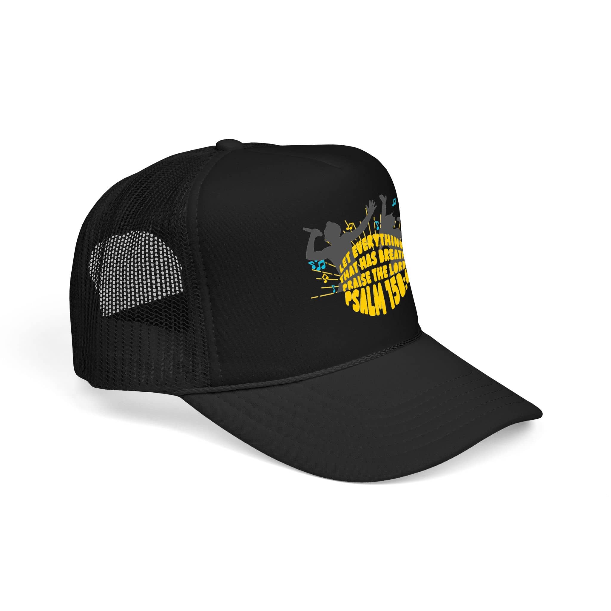 Trucker Hat with 'Let Everything Praise' Scripture in Yellow and Black Front View