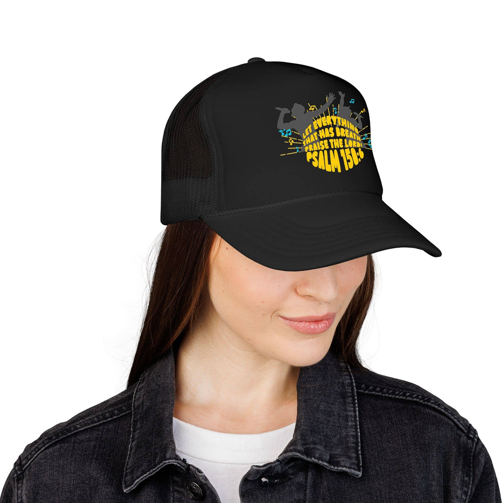 Black Let Everything Praise Trucker Hat with scripture design viewed from the front