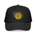 Trucker Hat with 'Let Everything Praise' design in yellow and blue on a black background, front view