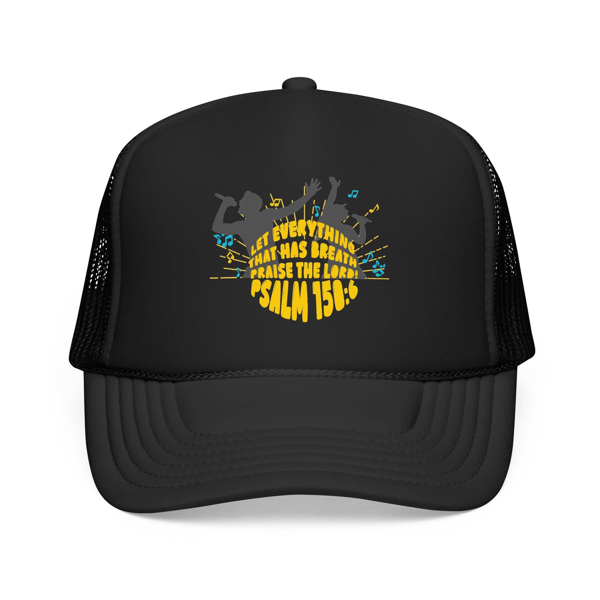 Trucker Hat with 'Let Everything Praise' design in yellow and blue on a black background, front view