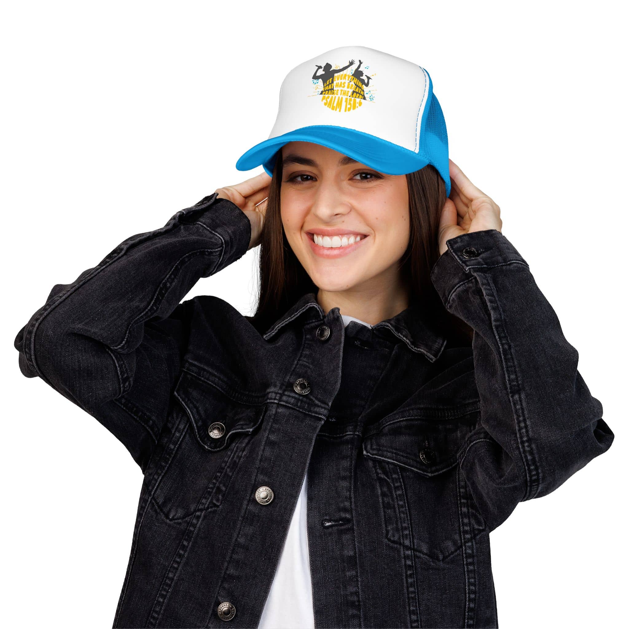 Let Everything Praise Trucker Hat in blue and white with a front view showcasing vibrant graphic design