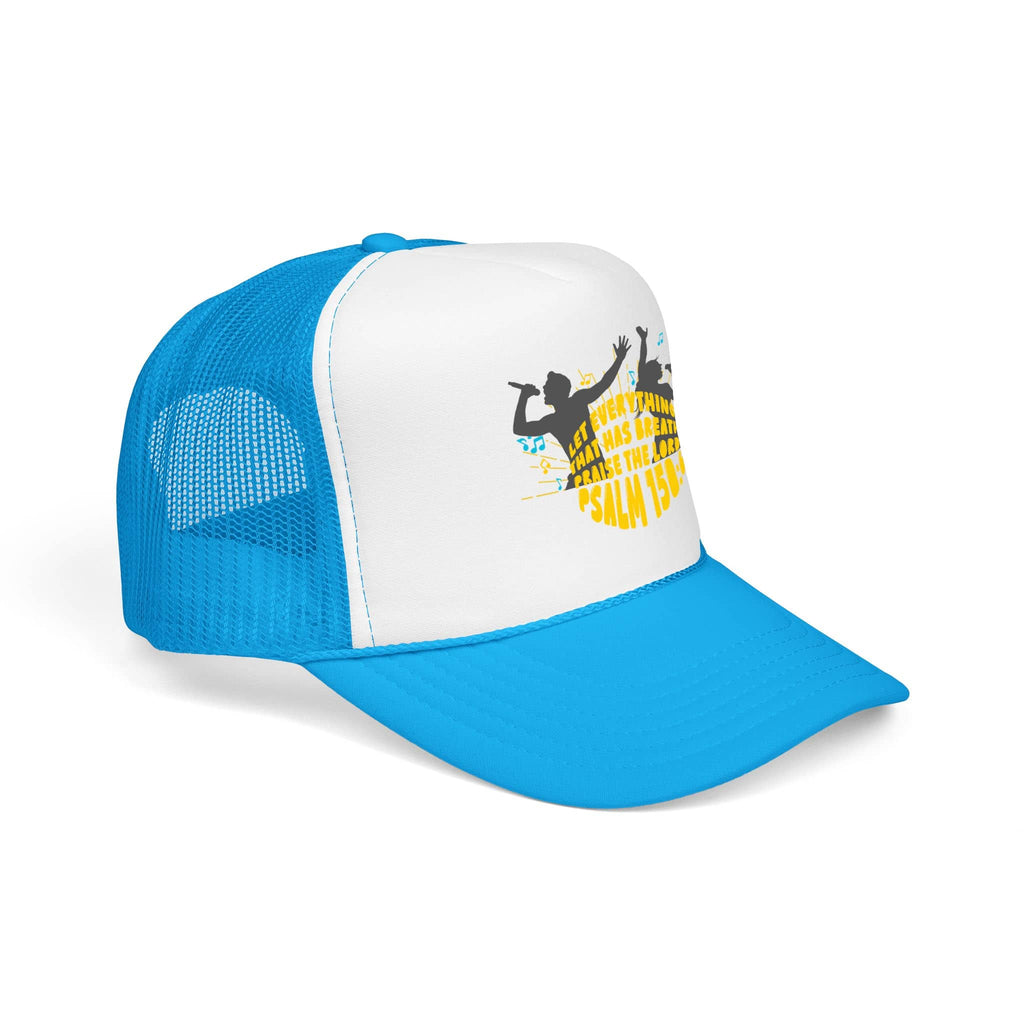 Trucker Hat with 'Let Everything Praise' Scripture Design in Blue and White, Front View