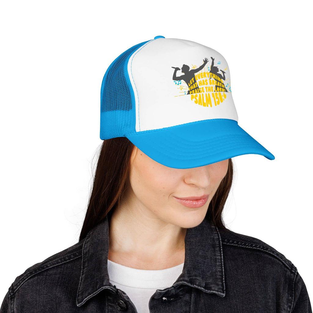 Trucker hat with 'Let Everything Praise' scripture in vibrant colors, featuring a blue bill and front view