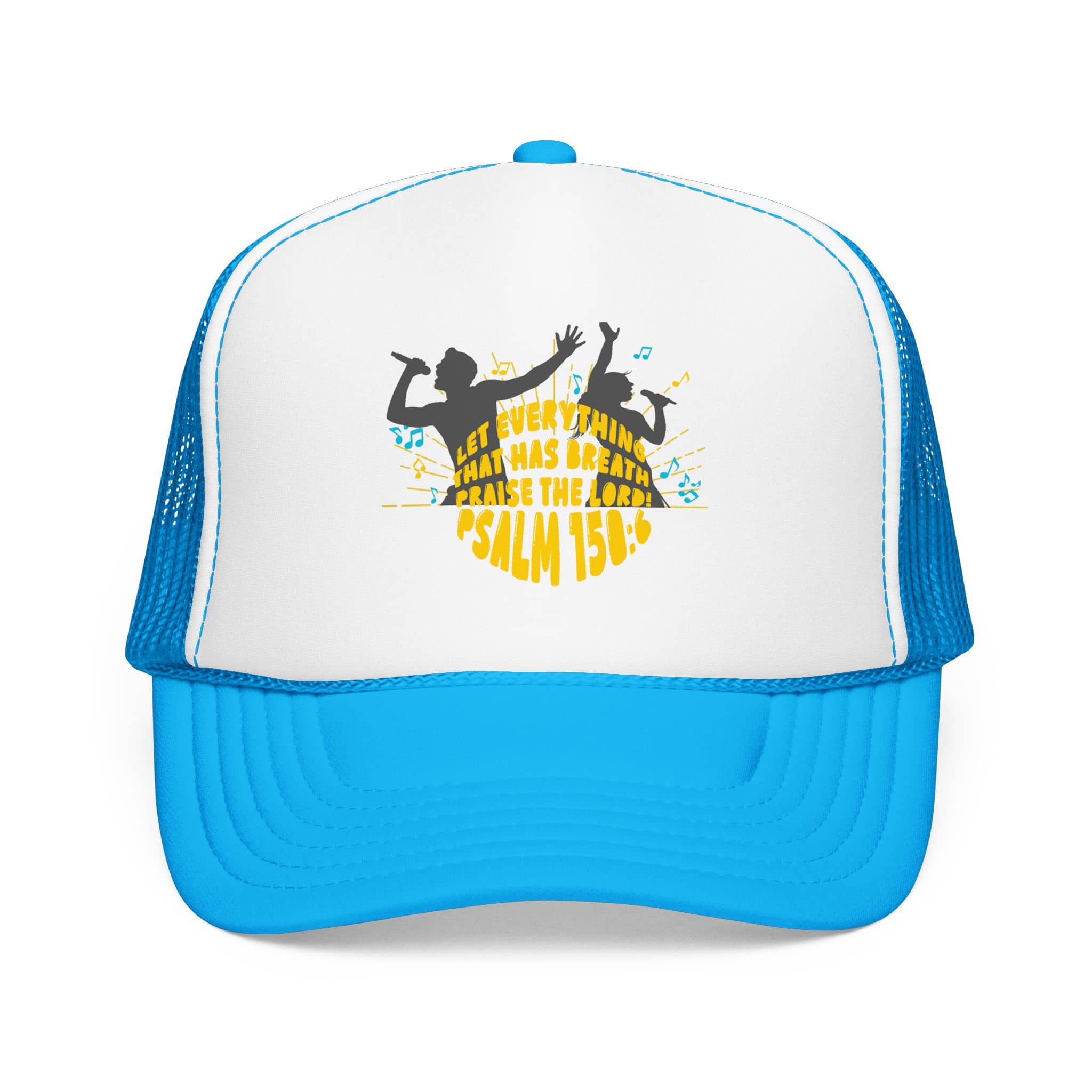 Front view Let Everything Praise Trucker Hat in blue featuring Psalm 150 verse and vibrant design