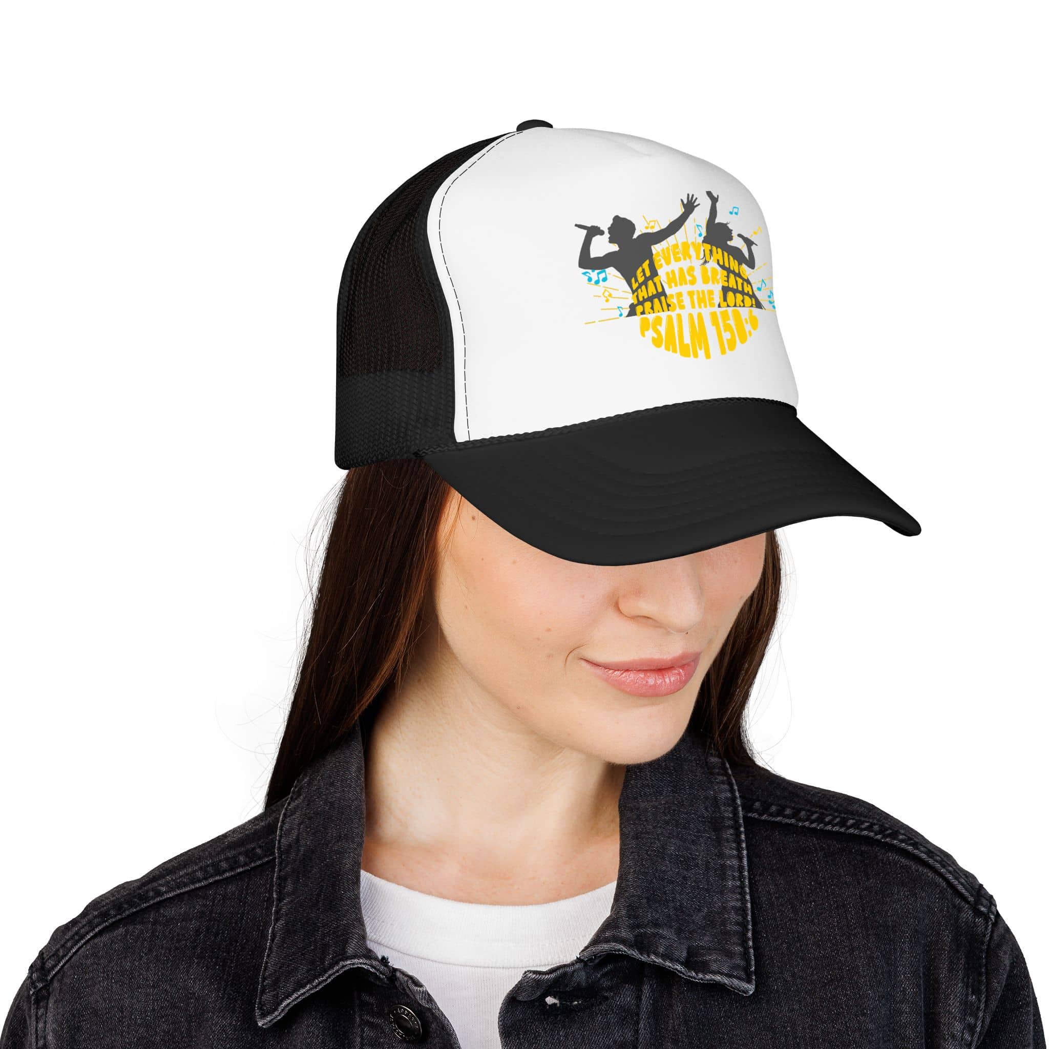 Trucker hat with 'Let Everything Praise' scripture, black and white color, front view