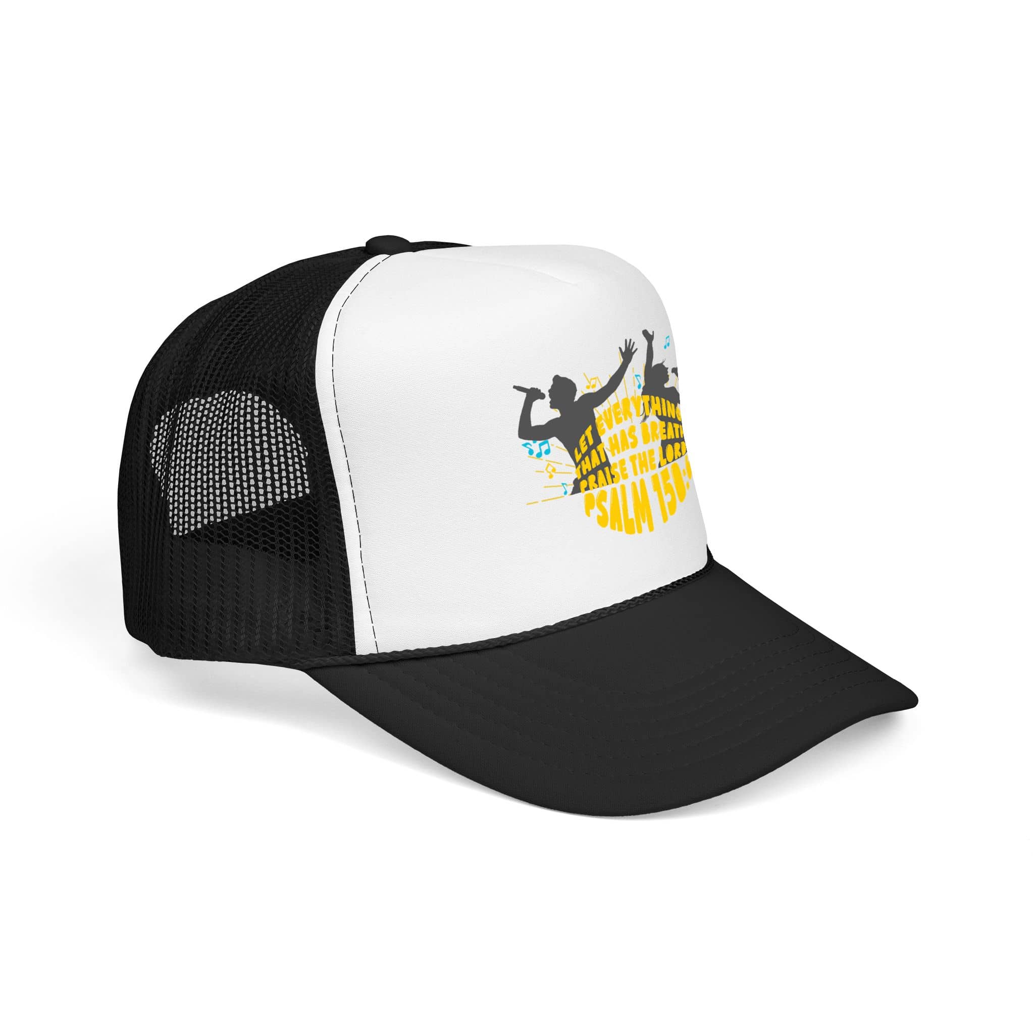 Trucker Hat with Let Everything Praise scripture in yellow and black, side view