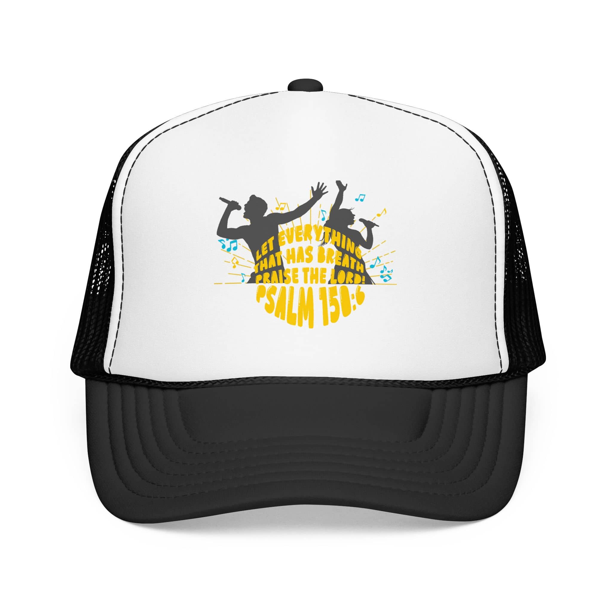 Trucker hat with 'Let Everything Praise Trucker Hat' in black and white featuring a vibrant design