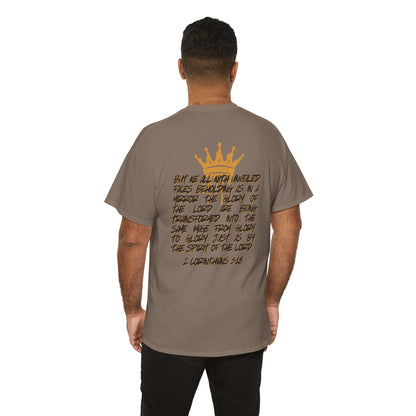 Logos Co. heavy cotton Scripture shirt featuring 2 Corinthians 3:18 design on back worn by man