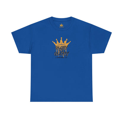 Blue heavy cotton Scripture shirt with gold crown and Glory text print by Logos 
