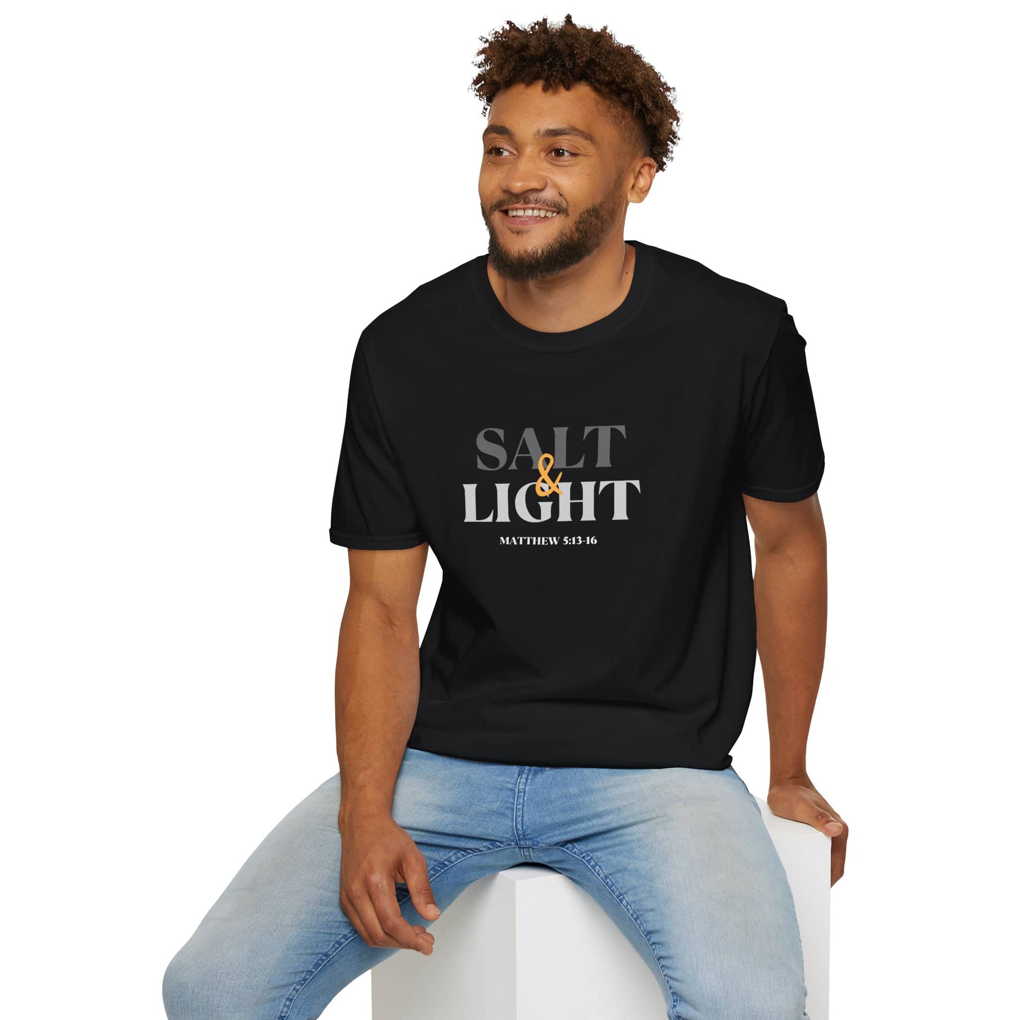 Lightweight Christian t-shirt featuring 'Salt and Light' design and Matthew 5:13 text