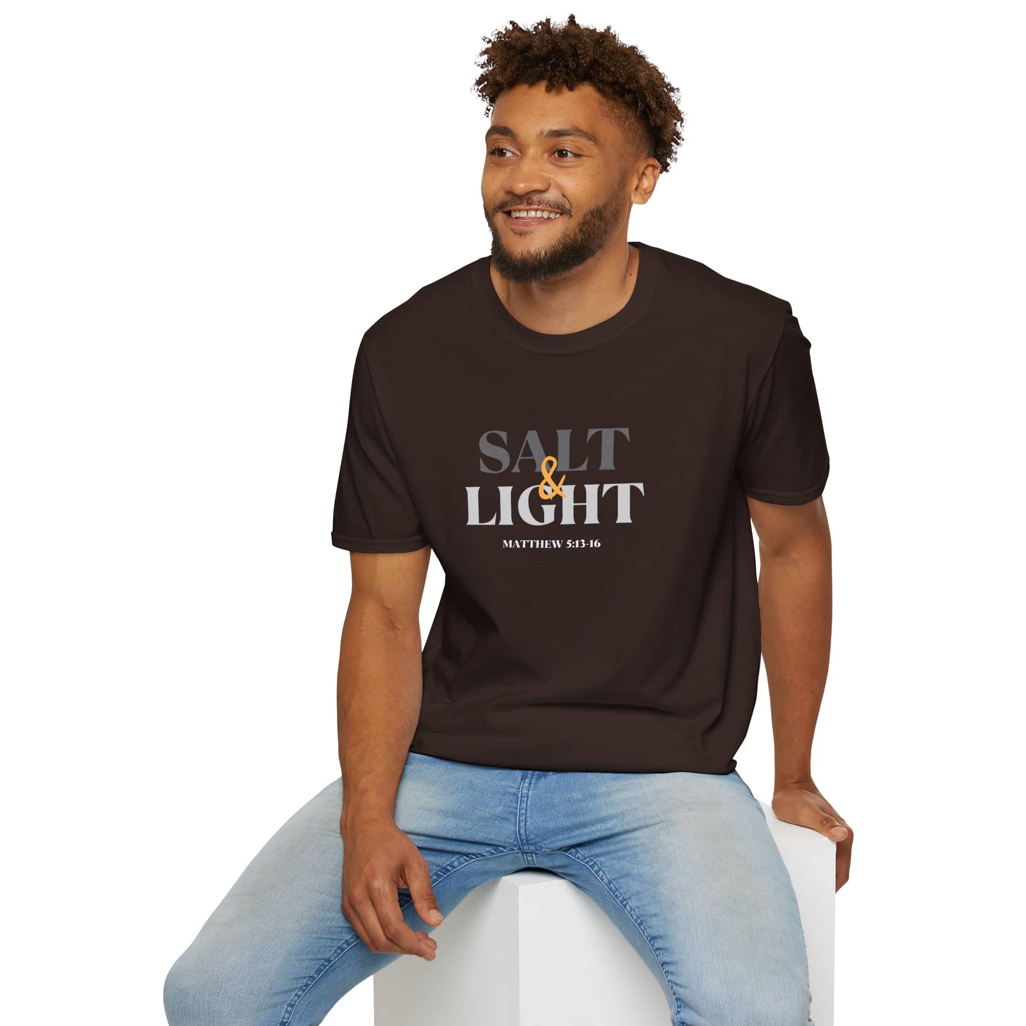 Lightweight Christian t-shirt featuring 'Salt & Light' text from Matthew 5:13