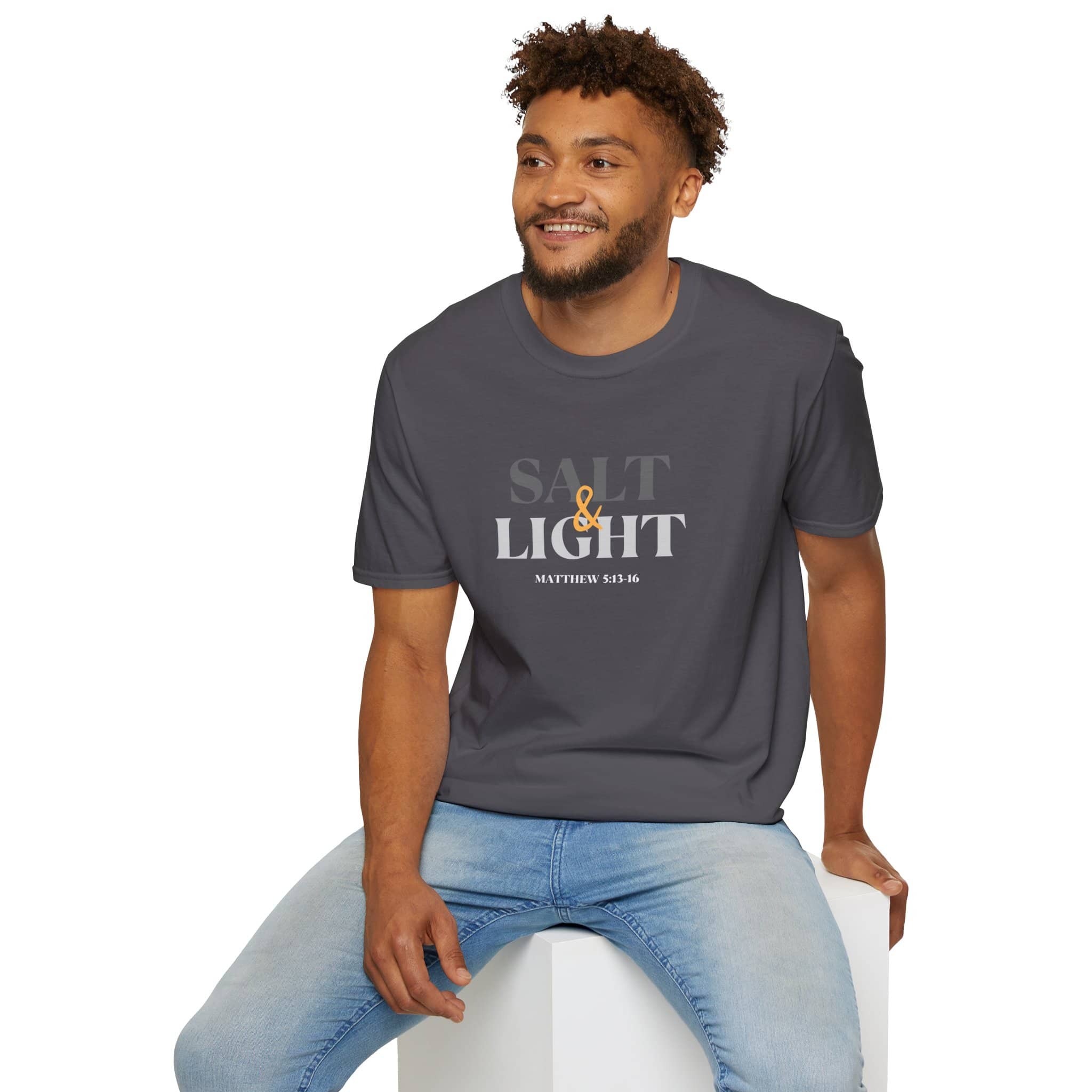 Lightweight Christian t-shirt featuring 'Salt & Light' design inspired by Matthew 5:16